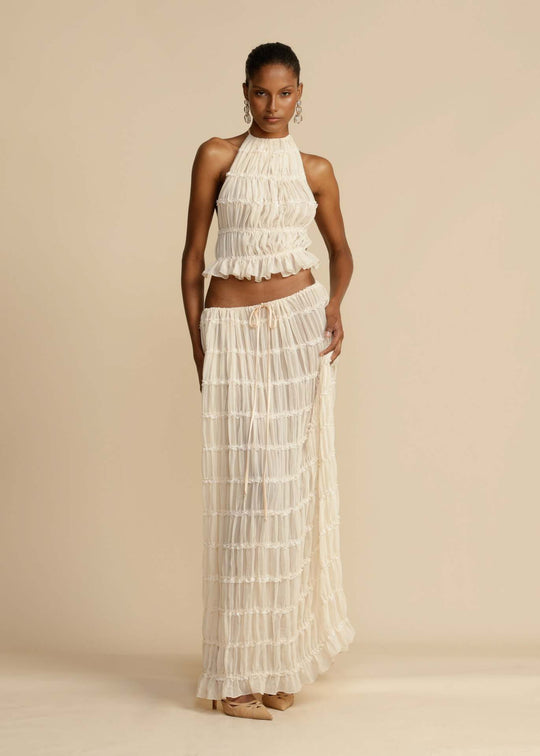Damen Elegantes und verspieltes Zweiteiliges Sommerkleid mit gerafftem Oberteil und fließendem Rock EB