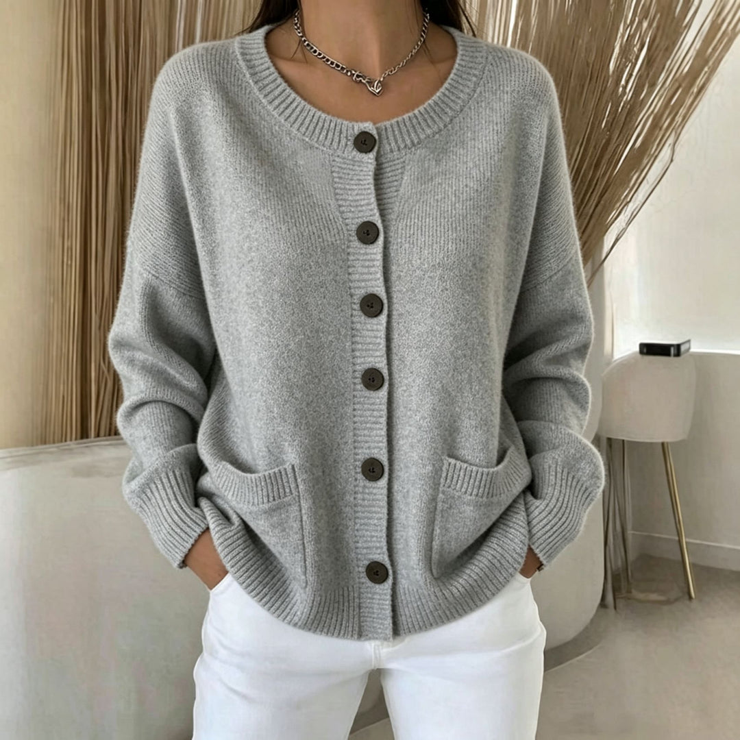 Damen Knopf-Cardigan mit Rundhals, aufgesetzten Taschen und Raglanärmeln EB