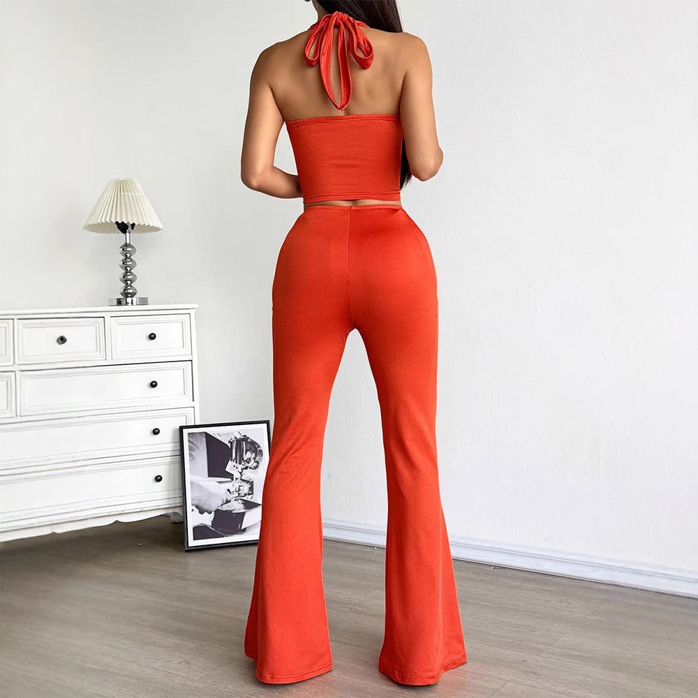 Damen Set aus gekräuseltem Top und flared Hose EB