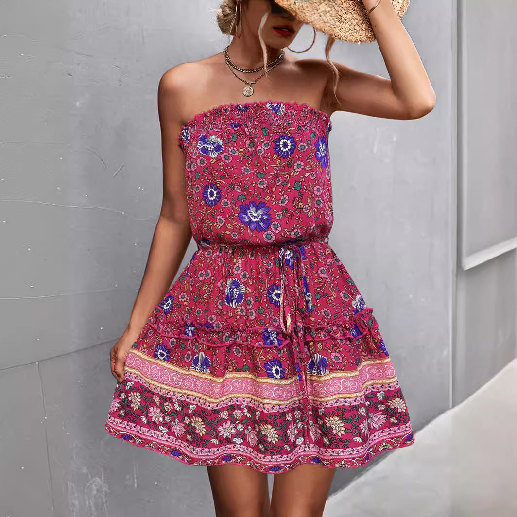 Damen Schulterfreies Minikleid mit buntem Blumenmuster und elastischem Taillenbund EB