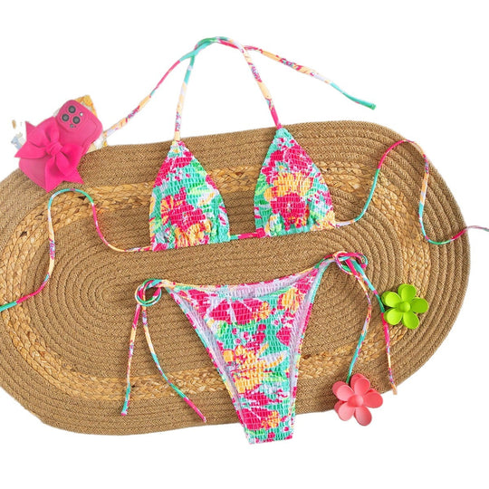 Damen Triangel-Bikini mit buntem Blumenmuster und verstellbarem Bindeband EB