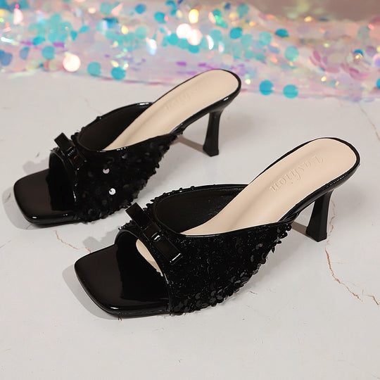 Damen Glamouröse Plateau-Pantoletten mit glitzerndem Obermaterial und dekorativen Details EB