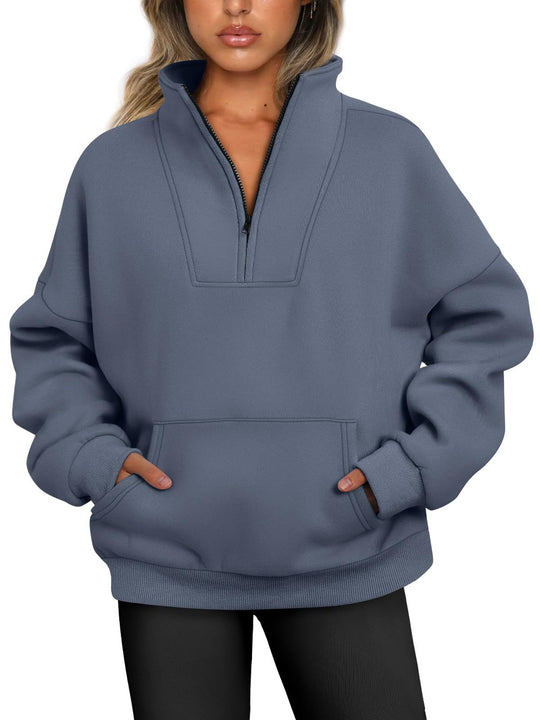 Damen nan oversized Halbzip-Hoodie mit hohem Stehkragen, Kängurutasche und gerippten Bündchen EB
