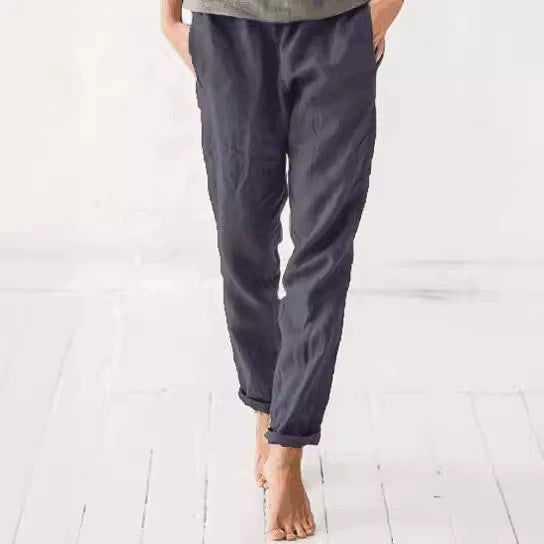 Damen lässige Leinenhose mit elastischem Bund und praktischen Taschen EB