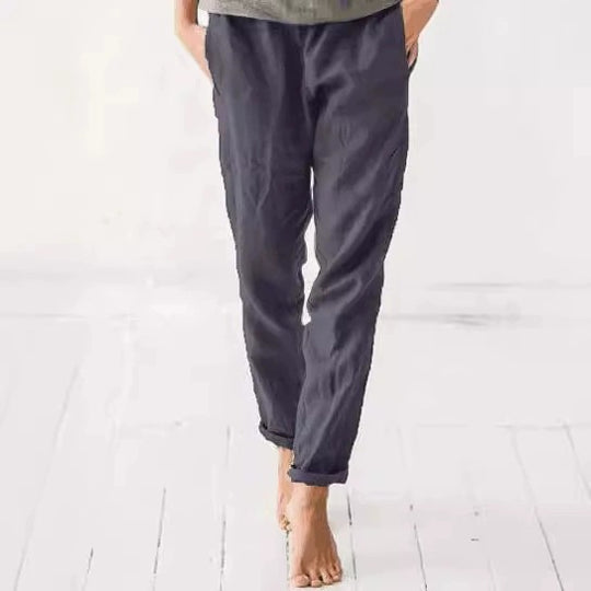 Damen lässige Leinenhose mit elastischem Bund und praktischen Taschen EB