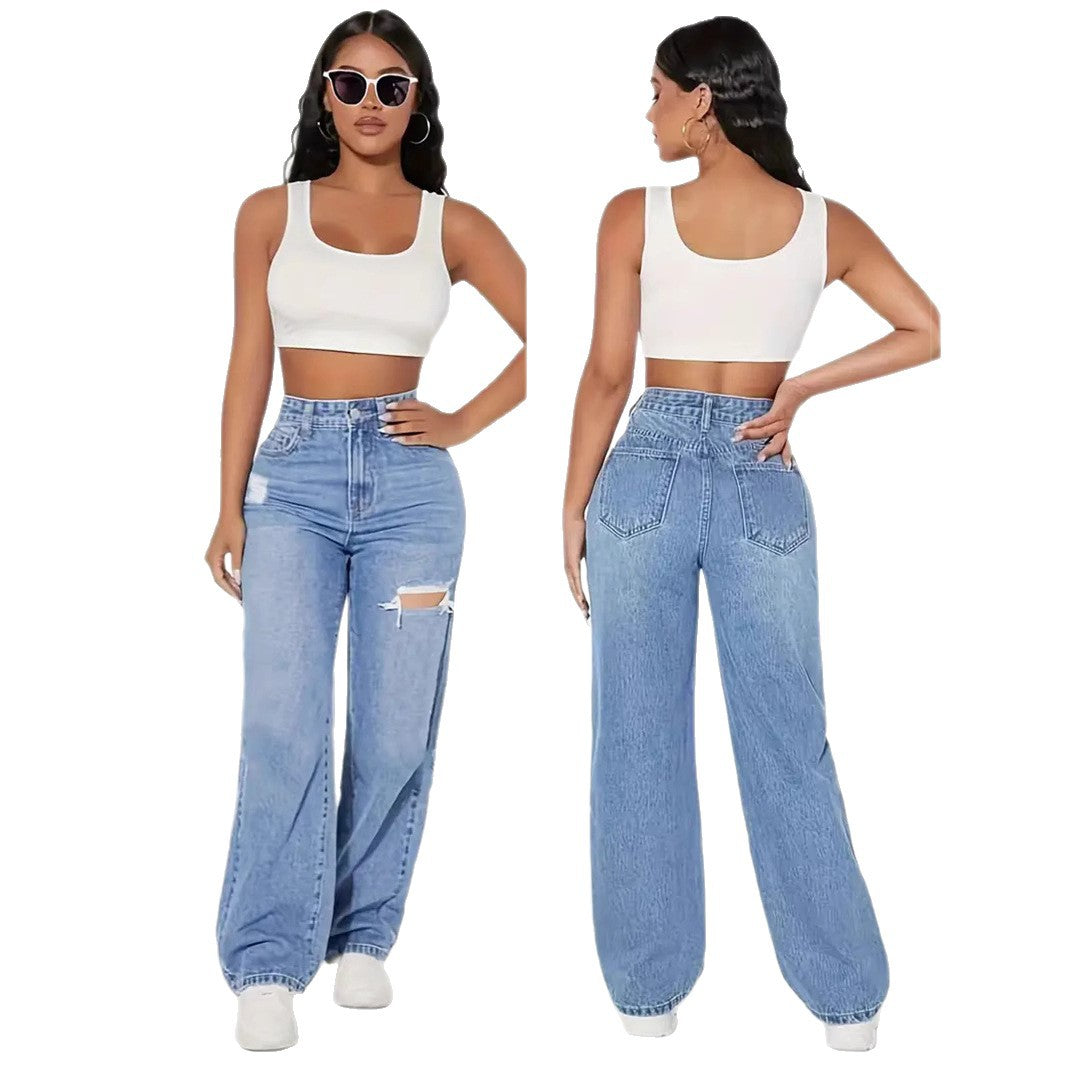 Damen Weite Denim-Hose mit trendigen Rissdetails und hohem Bund EB