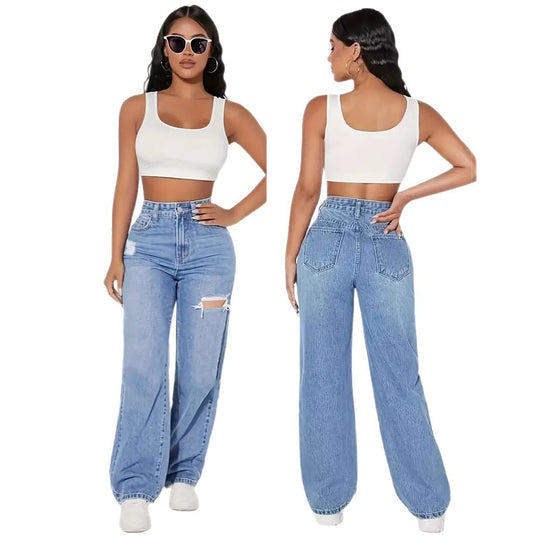 Damen Weite Denim-Hose mit trendigen Rissdetails und hohem Bund EB