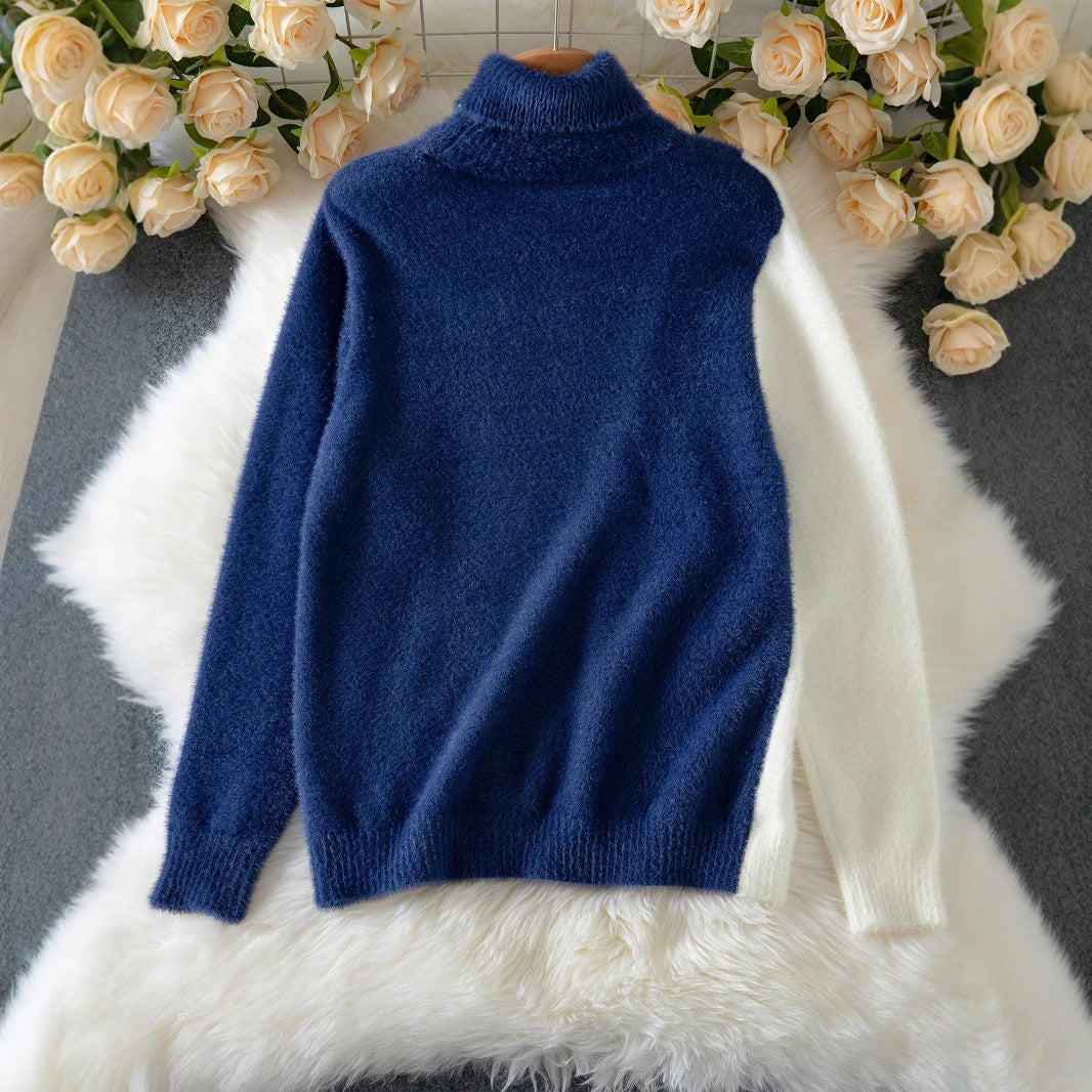 Damen Schicker Pullover mit hohem Kragen und eleganten Knöpfen EB