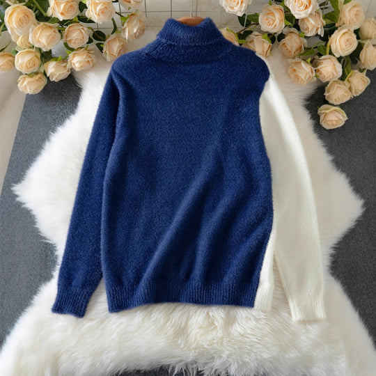Damen Schicker Pullover mit hohem Kragen und eleganten Knöpfen EB