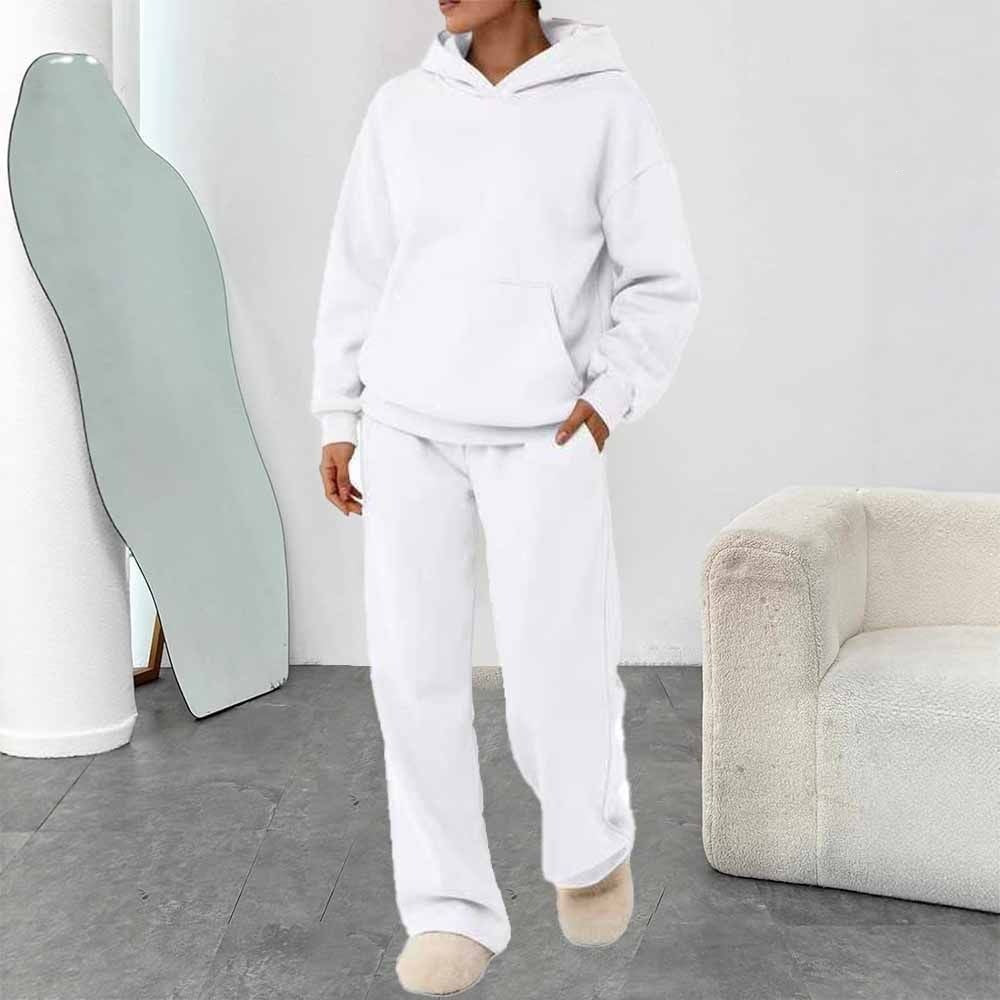 Damen nan zweiteiliges Freizeit-Lounge-Set mit Kapuzenpullover, Kängurutasche und gerader Loungehose aus weichem Baumwollmix EB