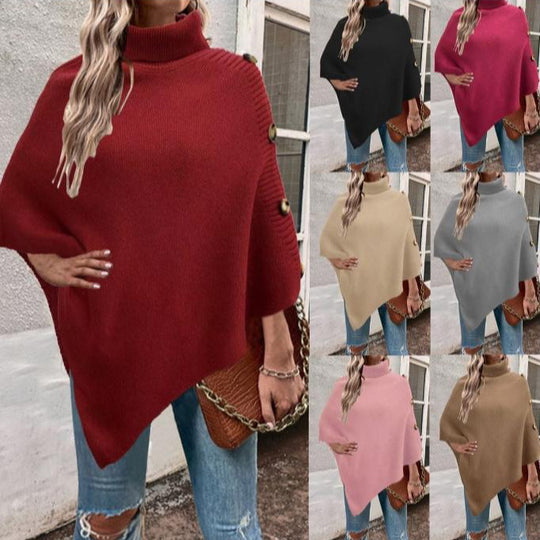 Damen Strick-Poncho mit hohem Kragen und Knopfdetails EB