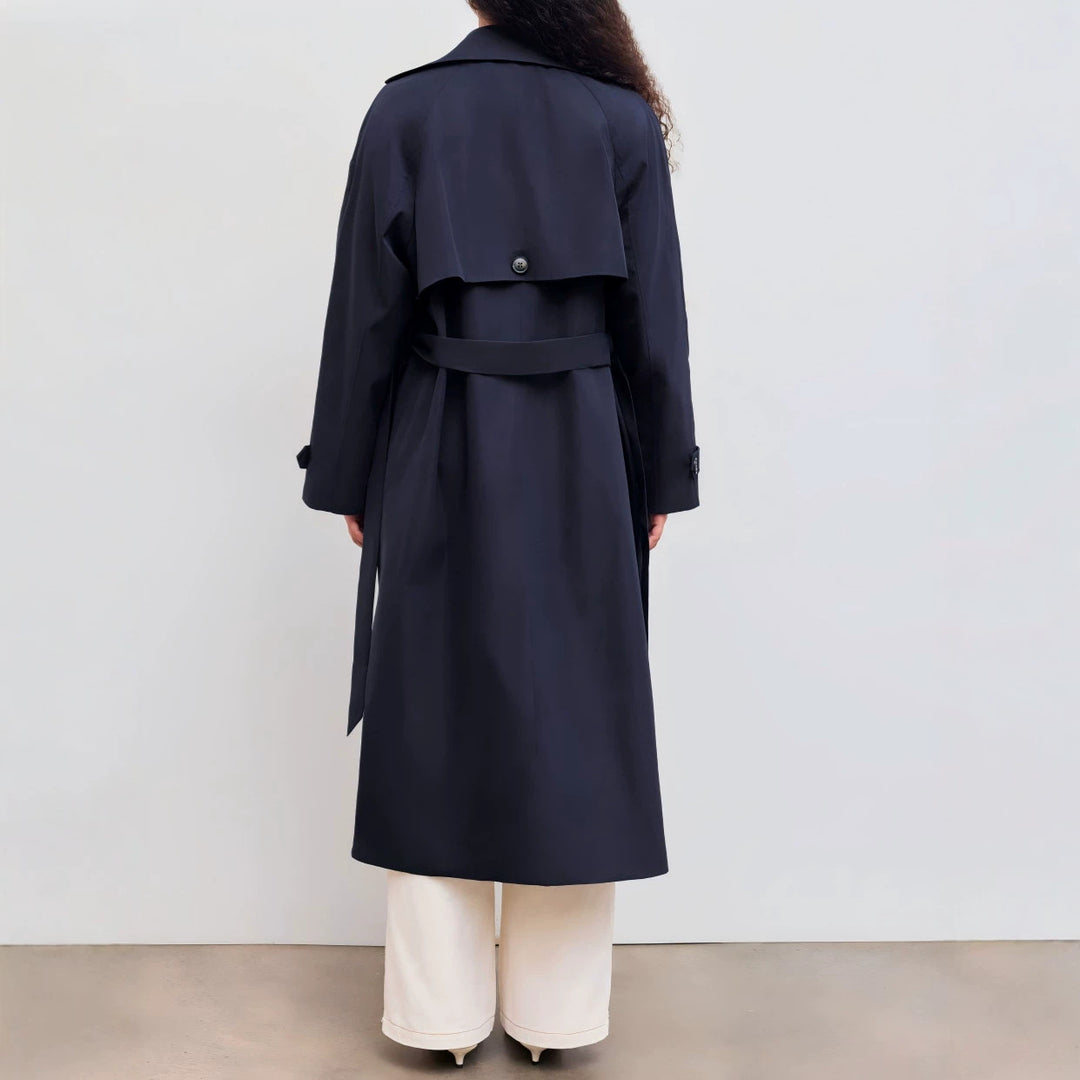 Damen Langer Trenchcoat-Mantel mit weiter Silhouette, Reverskragen und Taillengürtel EB