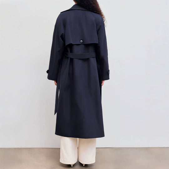 Damen Langer Trenchcoat-Mantel mit weiter Silhouette, Reverskragen und Taillengürtel EB