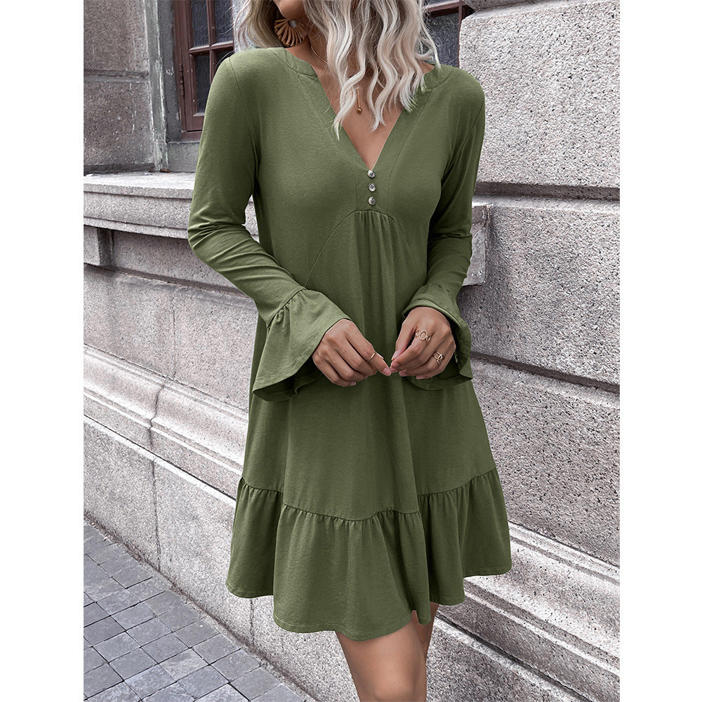 Damen lockeres Kleid mit schmeichelndem V-Ausschnitt und Glockenärmeln EB