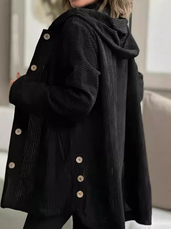 Damen Kapuzenjacke aus Rippstoff mit Holzknöpfen und Freizeit-Schnitt EB