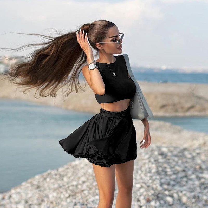 Damen Sportliches Crop-Top und Skaterrock Set EB