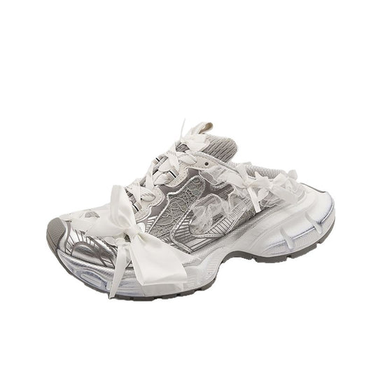 Damen Chunky-Sneaker-Mule mit Satin‑Schleife und Spitzenapplikation EB