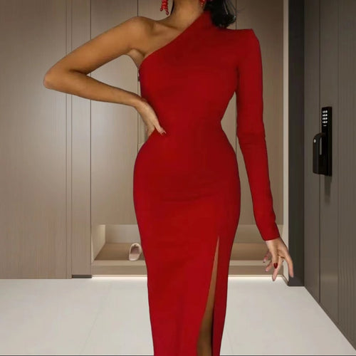 Damen Elegantes asymmetrisches Kleid mit tiefem Schlitz und langem Arm EB