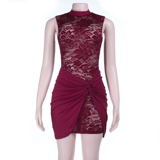 Damen Spitzenkleid mit eingearbeitetem Wickelrock und elegantem Rundhalsausschnitt EB