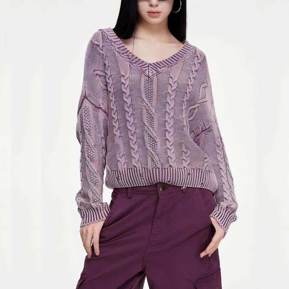 Damen Grob gestrickter Pullover mit V-Ausschnitt und voluminösen Ärmeln EB