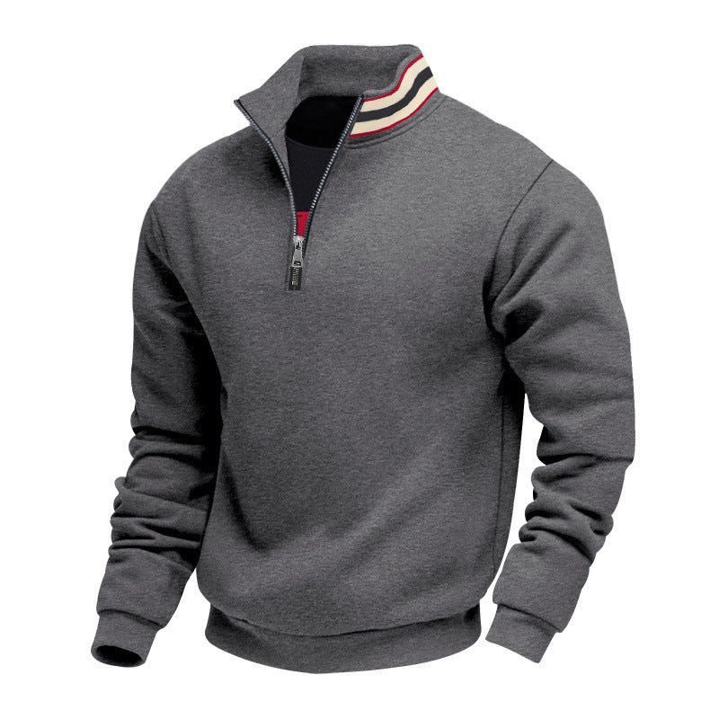 Herren nan Stehkragen-Halbzip-Sweatshirt aus Baumwollfleece mit Kontraststreifen am Kragen und gerippten Bündchen EB