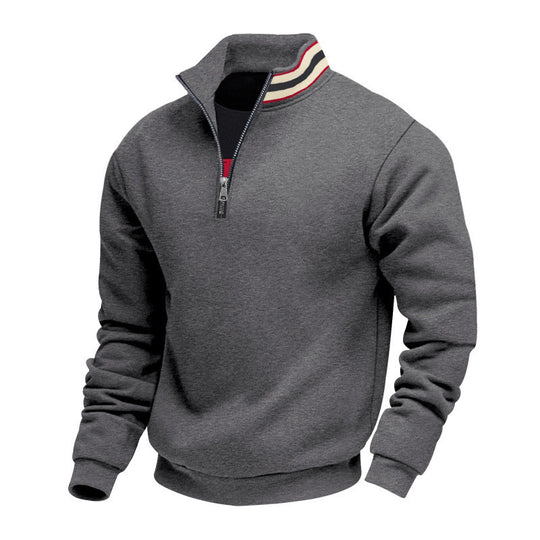 Herren nan Stehkragen-Halbzip-Sweatshirt aus Baumwollfleece mit Kontraststreifen am Kragen und gerippten Bündchen EB