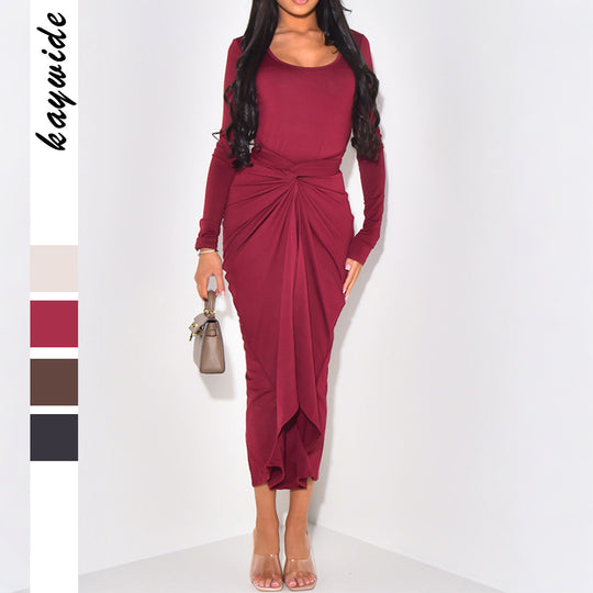 Damen nan gerafftes Maxikleid mit Knotenfront, figurbetonter Silhouette und seitlichem Schlitz EB