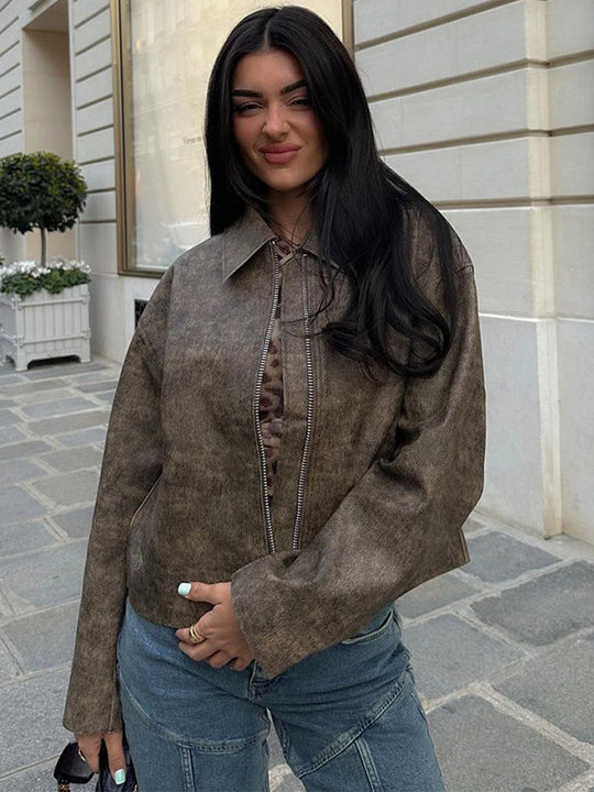 Damen Kunstlederjacke mit asymmetrischem Schnitt und praktischem Reißverschluss EB