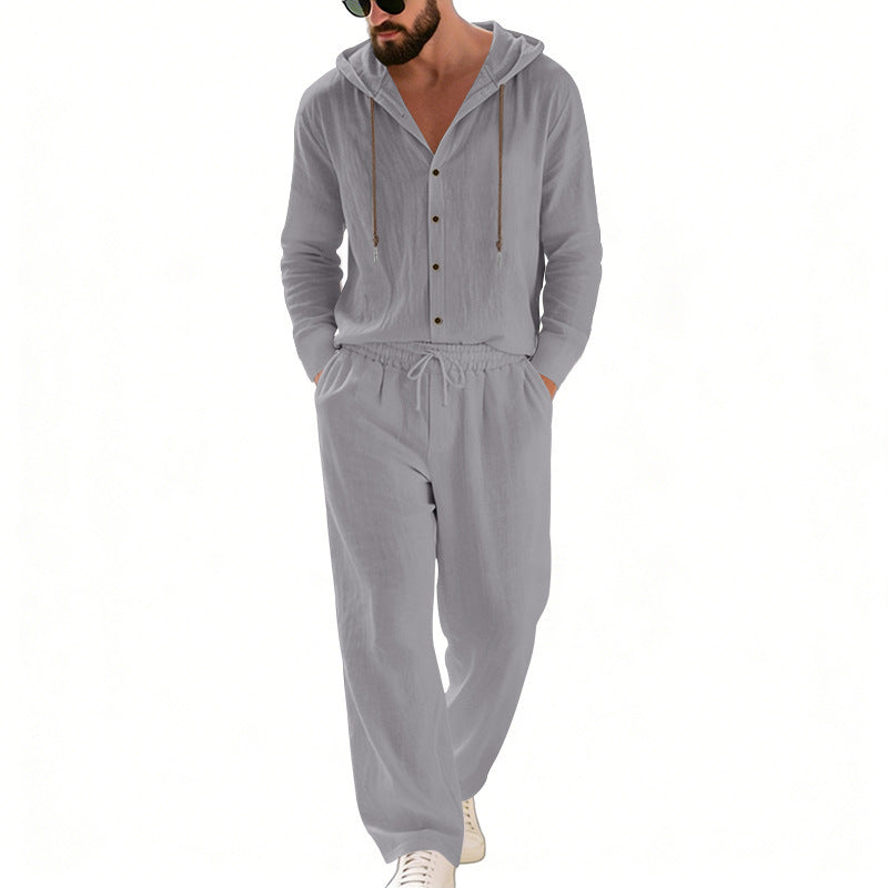 Herren nan legeres Kapuzen-Lounge-Set mit Knopfleiste, Kordelbundhose und seitlichen Eingrifftaschen EB