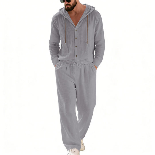 Herren nan legeres Kapuzen-Lounge-Set mit Knopfleiste, Kordelbundhose und seitlichen Eingrifftaschen EB