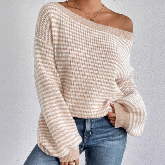 Damen Oversized Strickpullover mit Off-Shoulder Design und gestreiftem Muster EB