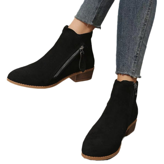 Damen nan klassische knöchelhohe Microvelours-Stiefelette mit seitlichem Reißverschluss und niedrigem Blockabsatz EB