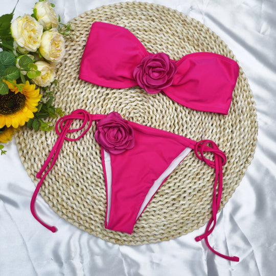 Damen Bandeau-Bikini mit floralem Akzent und verstellbaren Trägern EB