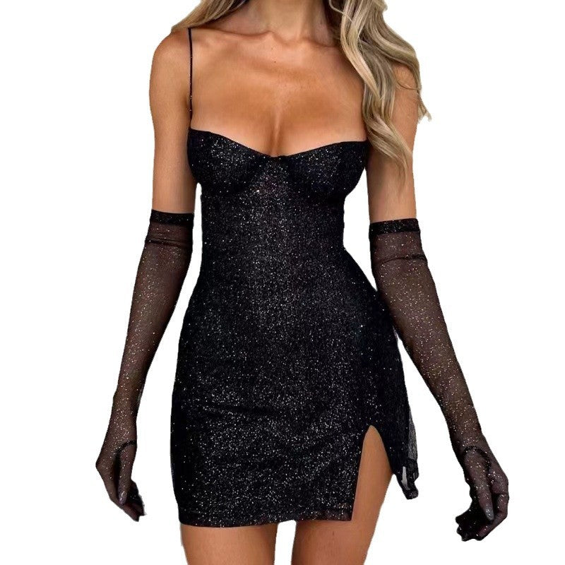 Damen Glamouröses Minikleid mit schimmerndem Oberteil und taillierter Silhouette EB