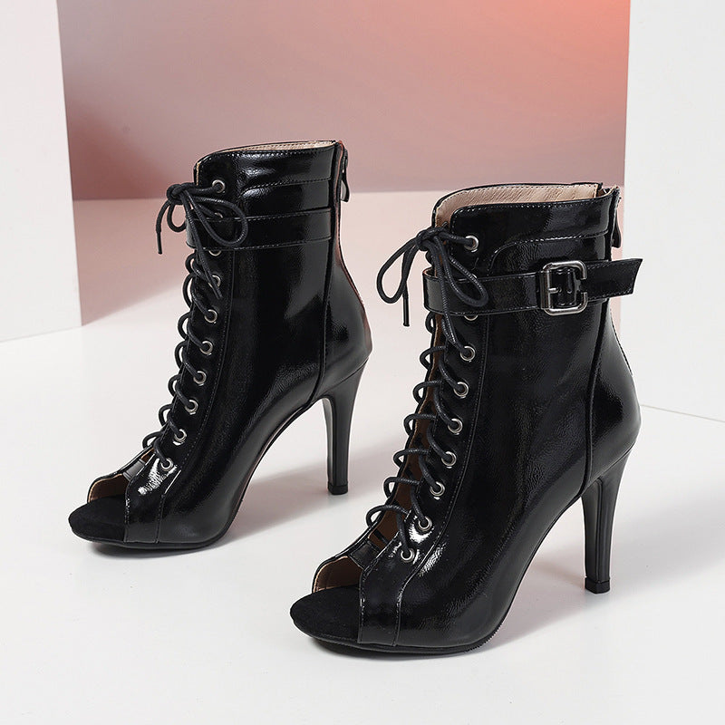 Damen Peeptoe Ankle Boots mit modischem Schnür-Design und elegantem Stiletto-Heel EB
