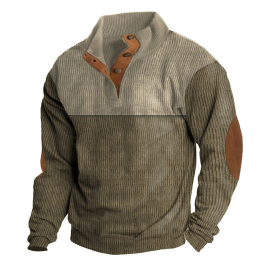 Herren nan grober Rippstrick-Pullover mit Stehkragen, Knopfleiste und markanten Ellenbogenpatches EB