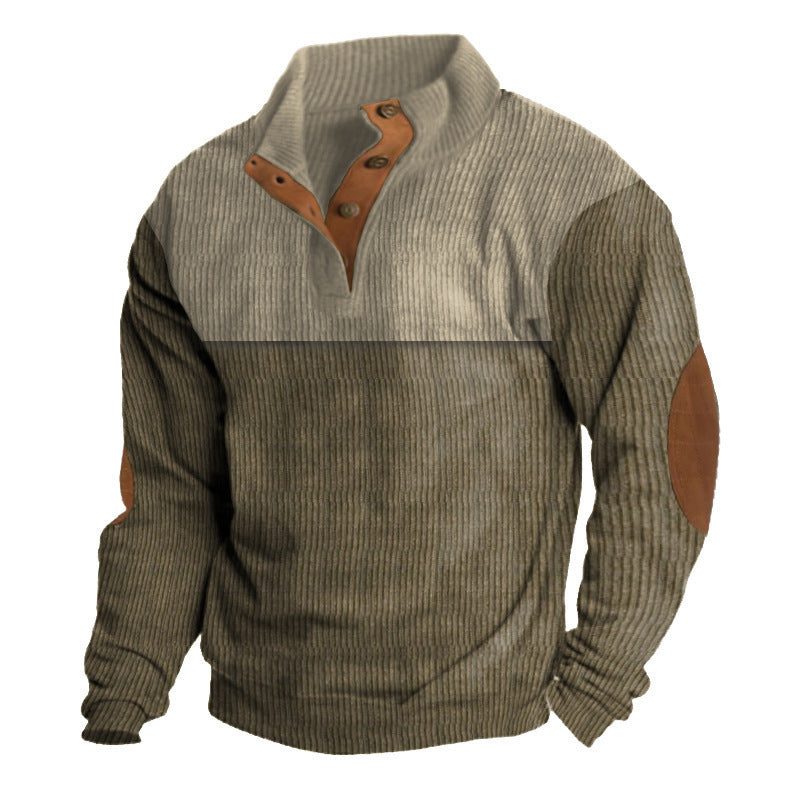 Herren nan rustikaler gerippter Pullover mit Henley-Kragen und lederartigen Ellbogenbesätzen EB