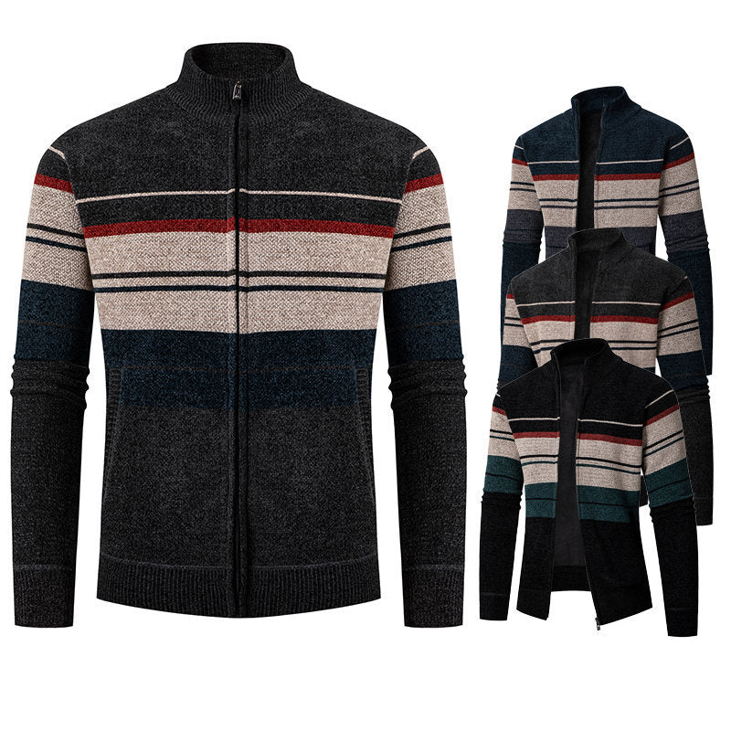 Herren modische Strickjacke mit kontrastierenden Streifen und hochabschließendem Kragen EB