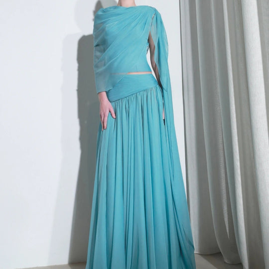 Damen Maxi-Kleid mit asymmetrischem Ausschnitt und fließendem Stoff EB