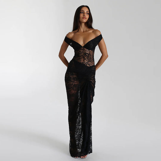 Damen Elegantes Spitze Maxikleid mit Off-Shoulder-Design und figurbetontem Schnitt EB