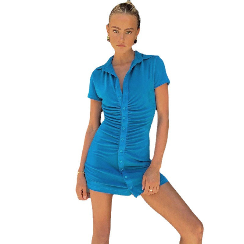 Damen figurbetontes Kurzarm-Kleid mit vertikalem Raffungseffekt und modischen Knopfdetails EB