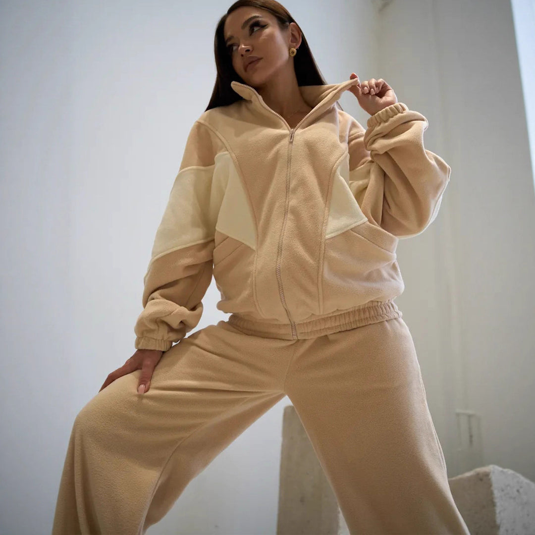 Damen Oversized Fleece-Lounge-Set mit Stehkragen, Reißverschlussjacke und weiter Palazzohose EB