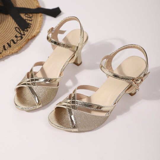 Damen elegante Sandaletten mit verstellbarem Riemchen und glänzendem Absatz EB