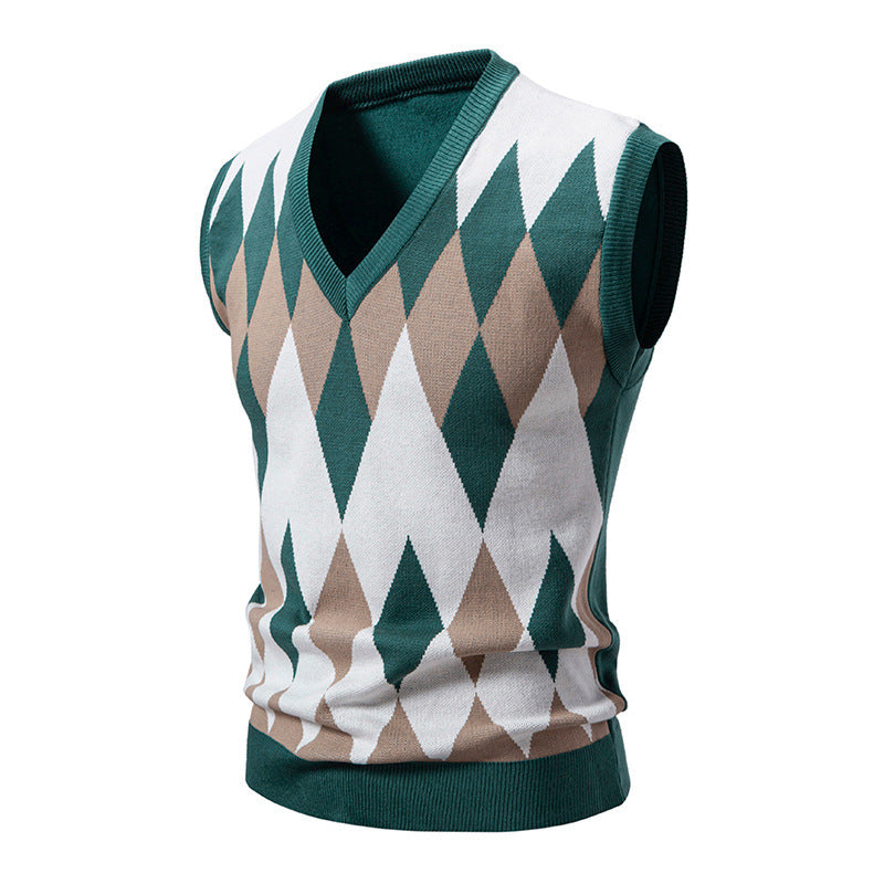 Herren nan ärmelloser Argyle-Strickpullunder mit V-Ausschnitt und taillierter Passform EB