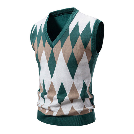 Herren nan ärmelloser Argyle-Strickpullunder mit V-Ausschnitt und taillierter Passform EB