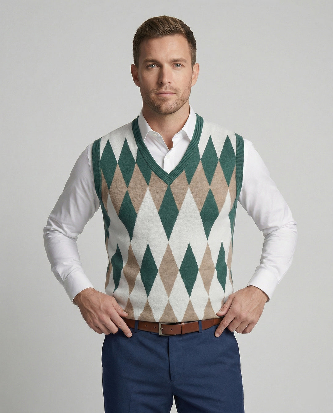 Herren ärmelloser Strickpullover im eleganten Diamantmuster EB