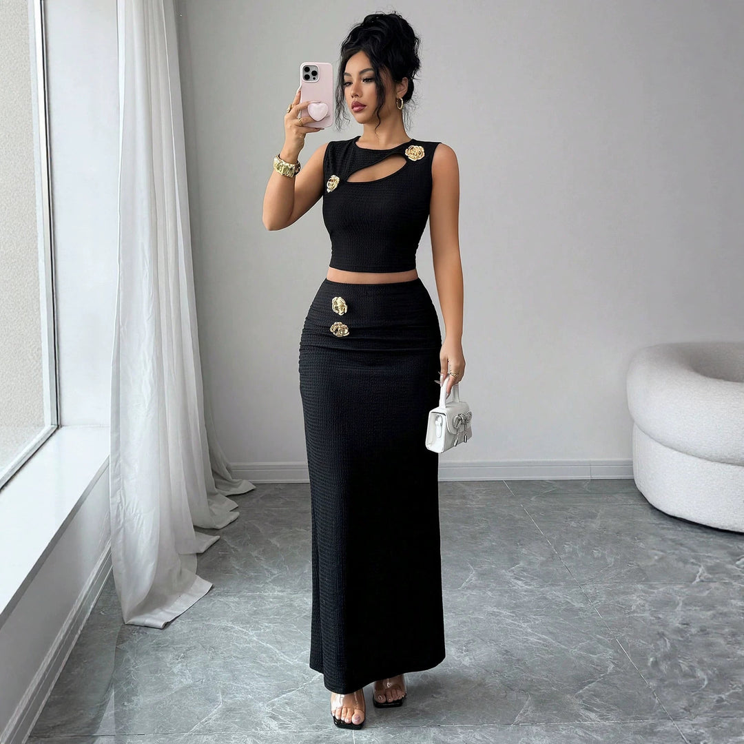 Damen nan zweiteiliges tailliertes Set mit asymmetrischem Cut-Out Crop-Top und figurbetontem Maxi-Bleistiftrock EB