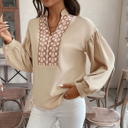 Damen Bluse mit Elegantem Besticktem Ausschnitt EB