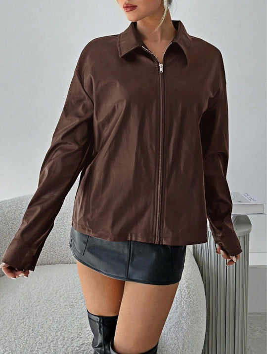 Damen leichtgewichtige Kunstlederjacke mit modernem Reißverschluss EB