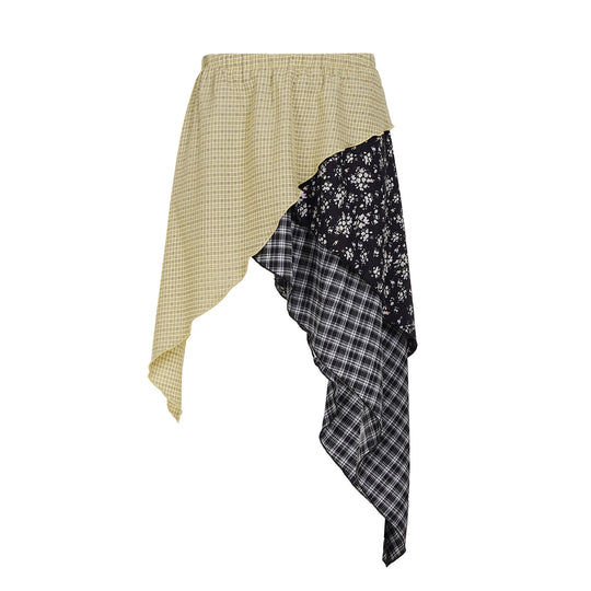Damen asymmetrischer Rock mit floralen und karierten Mustern EB